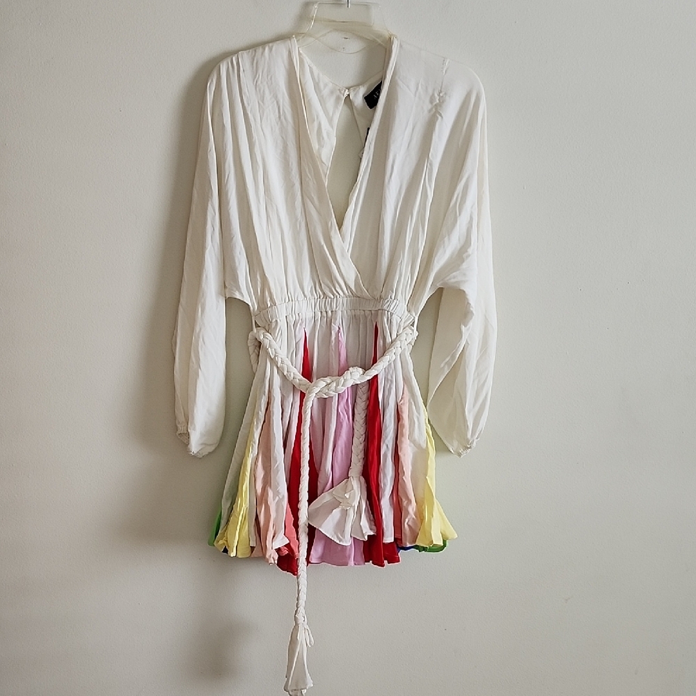AKIRA Rainbow Skirt Mini Dress Rope Belt Tie Open Back Long Sleeve Elastic Waist